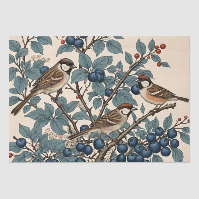 Vintage Sparrows und Blueberries Decoupage Seidenpapier (Vorderseite)