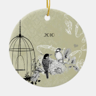Vintage Spechte & Vogelkäfig auf Damast Keramik Ornament