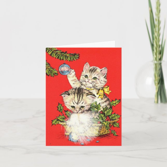 Vintage spielerische Kätzchen mit Weihnachtsdekora Karte (Vorderseite)