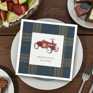 Vintage-Spielzeugauto Navy-Kariert Geburtstagsserv Serviette