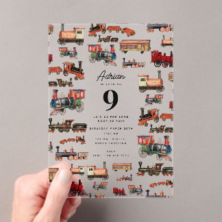 Vintage Spielzeugbahn farbenfrohe Züge Geburtstags Acryleinladungen