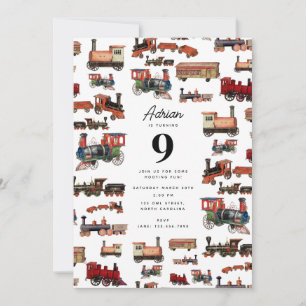 Vintage Spielzeugbahn farbenfrohe Züge Geburtstags Einladung