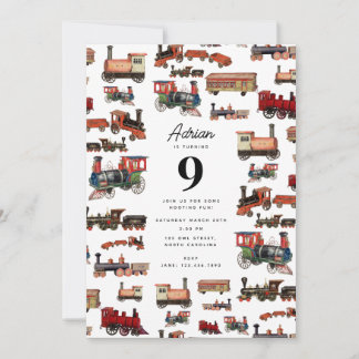 Vintage Spielzeugbahn farbenfrohe Züge Geburtstags Einladung