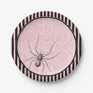 Vintage Spinne auf rosa Damast Halloween Pappteller