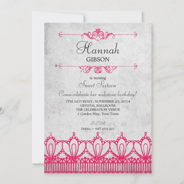Vintage Spitze (Grunge Look) Sweet 16 Einladung (Vorderseite)
