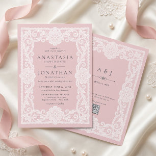 Vintage-Spitze-Hochzeit in Rosa mit QR-Code Einladung