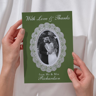 Vintage-Spitze Oliven Grün Foto-Hochzeit Dankeskarte