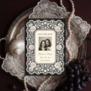 Vintage-Spitze Schwarz Save-the-Date Einladung