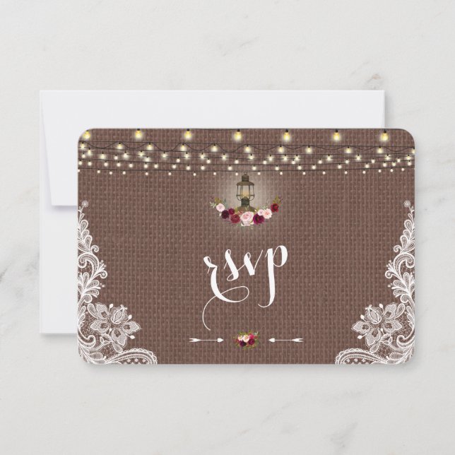 Vintage Spitzen-Burlap-String-Lights Hochzeit RSVP (Vorderseite)