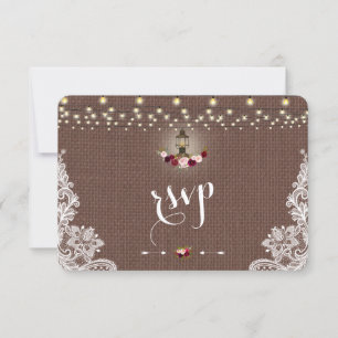 Vintage Spitzen-Burlap-String-Lights Hochzeit RSVP Karte