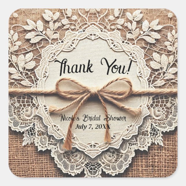 Vintage Spitzen & Burlap Twine Rustikales Brautpar Quadratischer Aufkleber (Vorderseite)