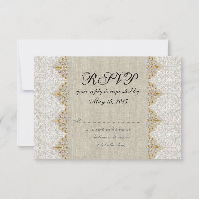 Vintage Spitzen-Linen Rustic Wedding RSVP (Vorderseite)