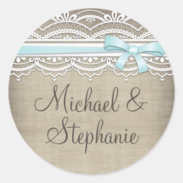 Vintage Spitzen & Linen Rustikale Elegance Hochzei Runder Aufkleber (Vorderseite)
