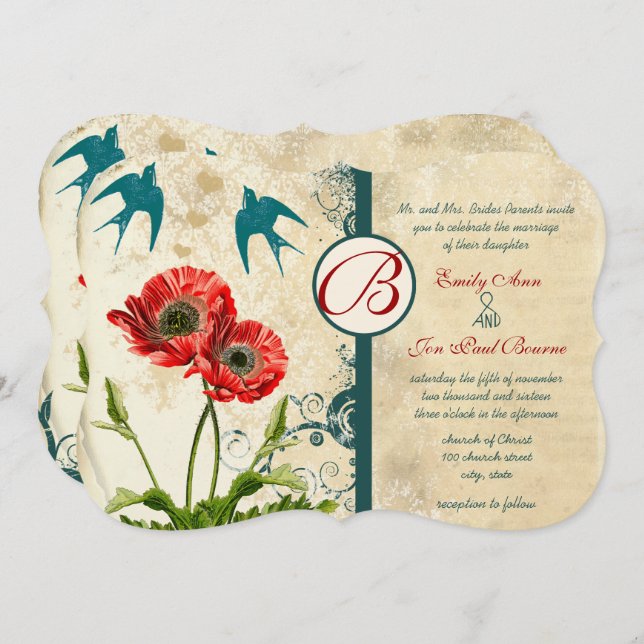 Vintage Spitzen Lovebirds Damask Red Poppy Hochzei Einladung (Vorne/Hinten)