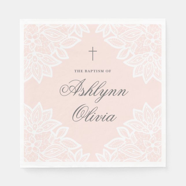 Vintage Spitzen Pink Christening Taufe Serviette (Vorderseite)