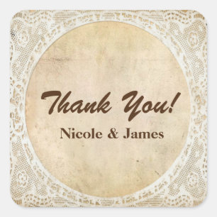 Vintage Spitzen-Rahmen Rustikale Romance-Hochzeits Quadratischer Aufkleber