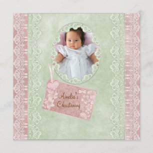 Vintage Spitzen Rosa Grüne Girl Foto Christening Einladung