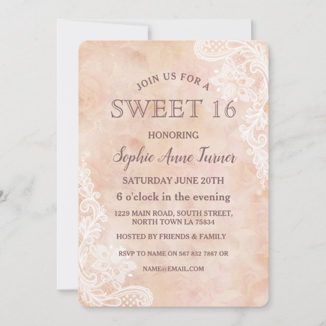 Vintage Spitzen-Rose Altpapier SWEET 16 Einladung (Vorderseite)