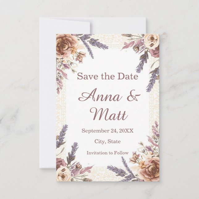 Vintage Spitzen und Botanisches Save the Date gepr (Vorderseite)