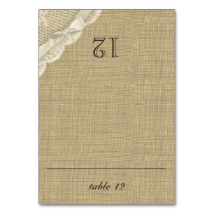Vintage Spitzen- und Burlap-Sitzkarte Tischnummer
