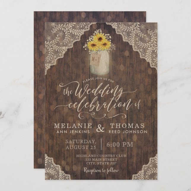 Vintage Spitzen und Sonnenblumen Hochzeitseinladun Einladung (Vorne/Hinten)