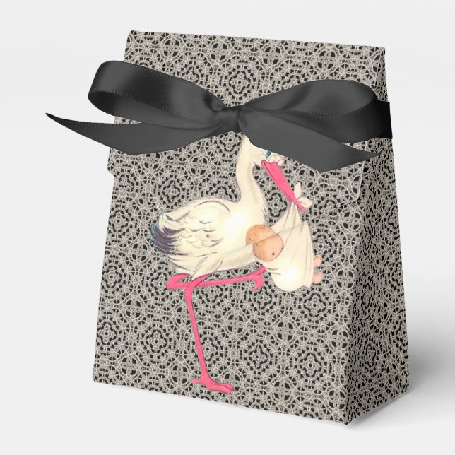 Vintage Spitzen- und Stork-Baby-Dusche Geschenkschachtel (Vorderseite)