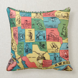Vintage Spitznamen der Staat-Karte Kissen