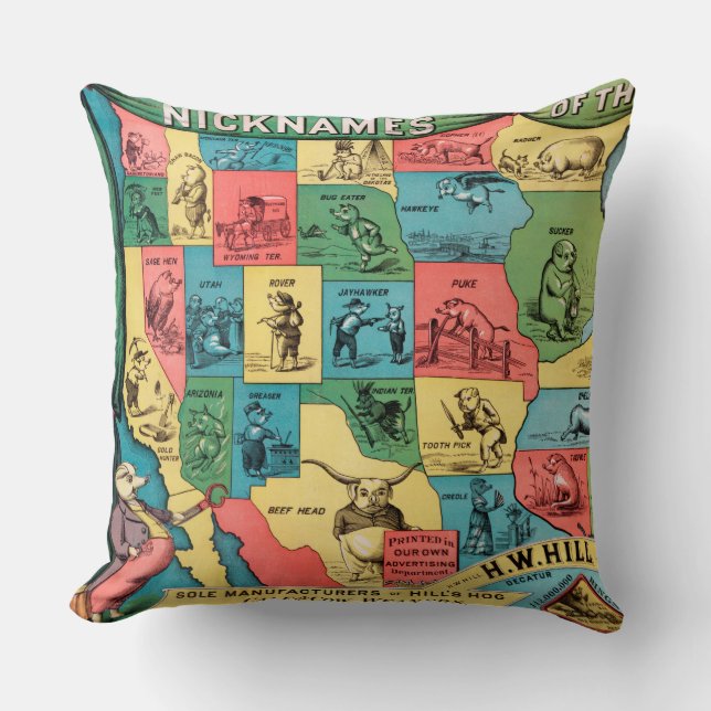 Vintage Spitznamen der Staat-Karte Kissen (Vorderseite)