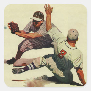 Vintage-Sport Baseball, Spieler rutscht nach Hause Quadratischer Aufkleber