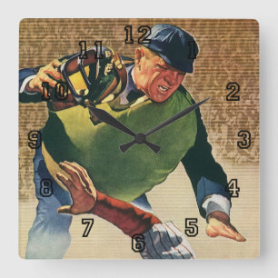 Vintage-Sport Baseballspieler, der Schiedsrichter Quadratische Wanduhr