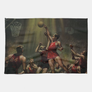 Vintage-Sport-Basketball, Spieler in einem Spiel Geschirrtuch