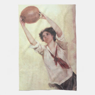 Vintage Sport, Basketballspielerin mit Ball Geschirrtuch
