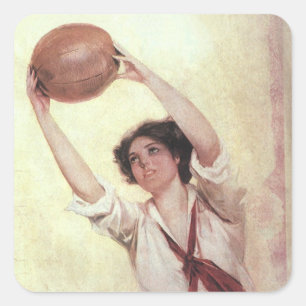 Vintage-Sport, Basketballspielerin mit Ball Quadratischer Aufkleber