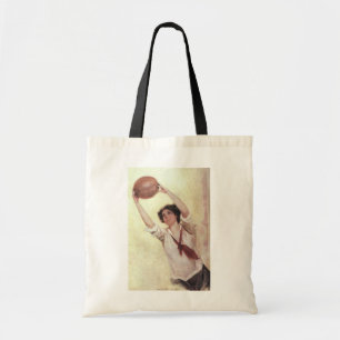 Vintage-Sport, Basketballspielerin mit Ball Tragetasche