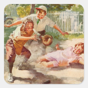 Vintage-Sport, Kinder spielen Stickball-Baseball Quadratischer Aufkleber