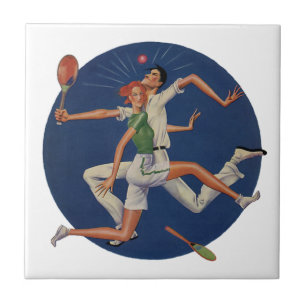 Vintage-Sport, Tennisspieler krachen mit Schlägern Fliese