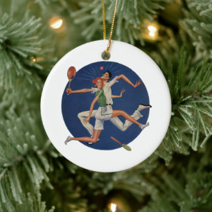 Vintage-Sport, Tennisspieler krachen mit Schlägern Keramik Ornament