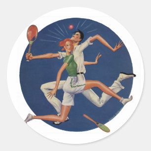 Vintage-Sport, Tennisspieler krachen mit Schlägern Runder Aufkleber