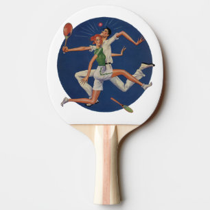Vintage-Sport, Tennisspieler krachen mit Schlägern Tischtennis Schläger