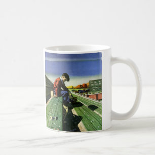 Vintage-Sport, trauriger Fußballfan mit Megaphon Tasse