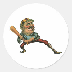 Vintage-Sport, wütender Baseballspieler am Schlag Runder Aufkleber