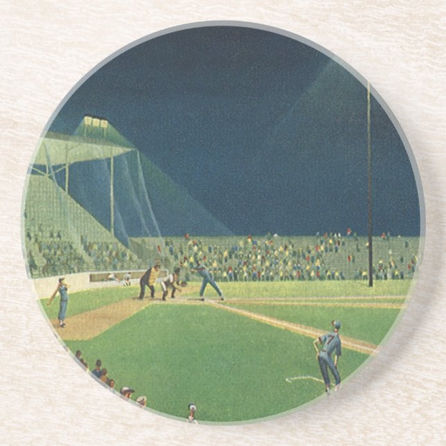 Vintage Sportarten, Baseballspiel nachts Sandstein Untersetzer (Vorne)