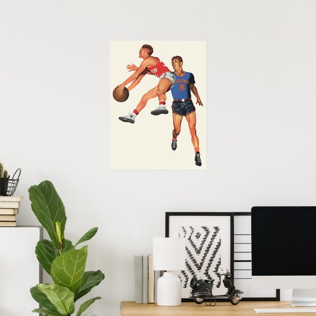Vintage Sportarten, Basketball-Spieler im Spiel Poster (Heimbüro)