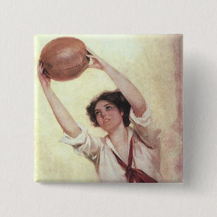 Vintage Sportarten, Basketballspielerin mit Ball Button