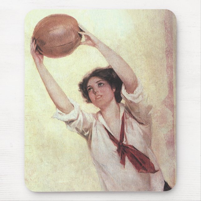 Vintage Sportarten, Basketballspielerin mit Ball Mousepad (Vorne)