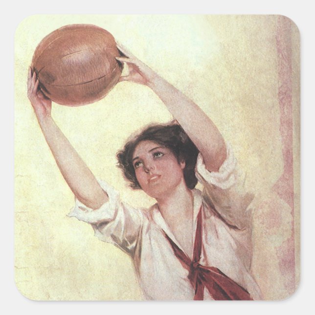 Vintage Sportarten, Basketballspielerin mit Ball Quadratischer Aufkleber (Vorderseite)