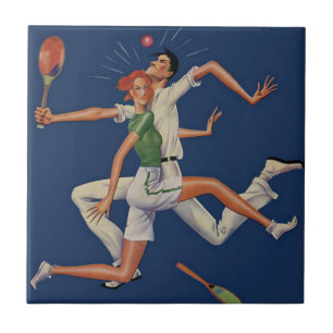 Vintage Sportarten, Tennisspieler brechen mit Rack Fliese