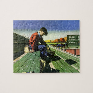 Vintage Sportarten, trauriger Fußballfan mit Megap Puzzle