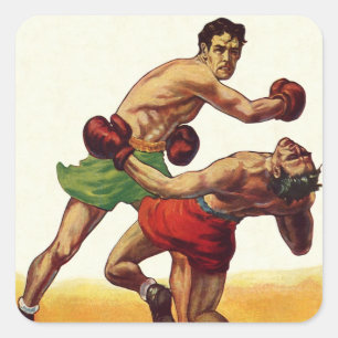 Vintage-Sportboxen, Boxer in einem Kampf Quadratischer Aufkleber