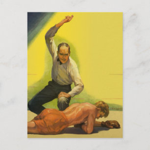 Vintage Sports Boxing, Referee with Boxer Knockout Postkarte